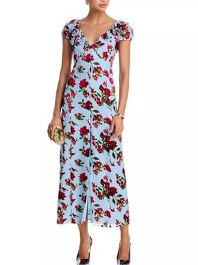 Alice + Olivia Light Blue Floral Midi Dress with Puff Sleeves